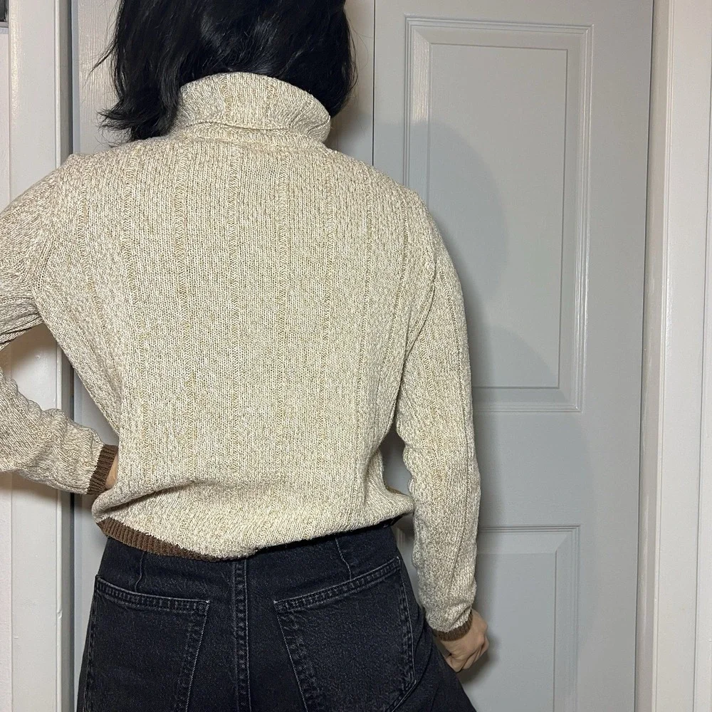 Vintage 90s  Fall Patchwork Knit Sweater Beige brown neutrals Medium turtleneck - Picture 2 of 8